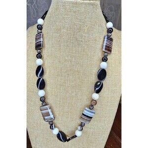 Handmade Quartz & Glass Beaded Necklace Silvertone Flower Toggle Closure 26"L